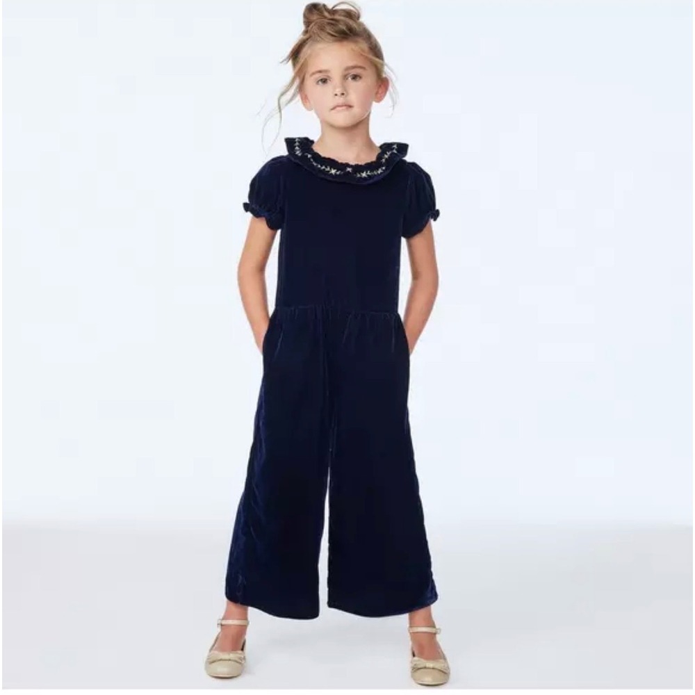 Janie and Jack Girls Navy Blue Velvet Embroidered Collar Jumpsuit Size 6 Holiday
